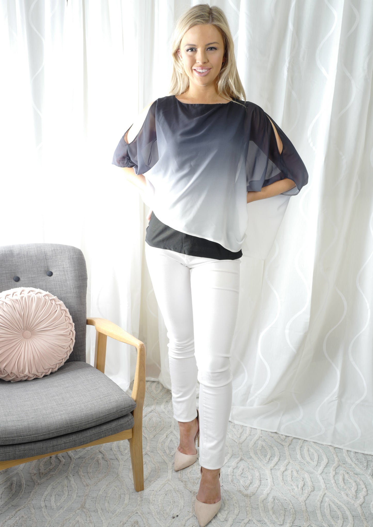 VS7290-2TB Chiffon Split Sleeve Top( Pack)