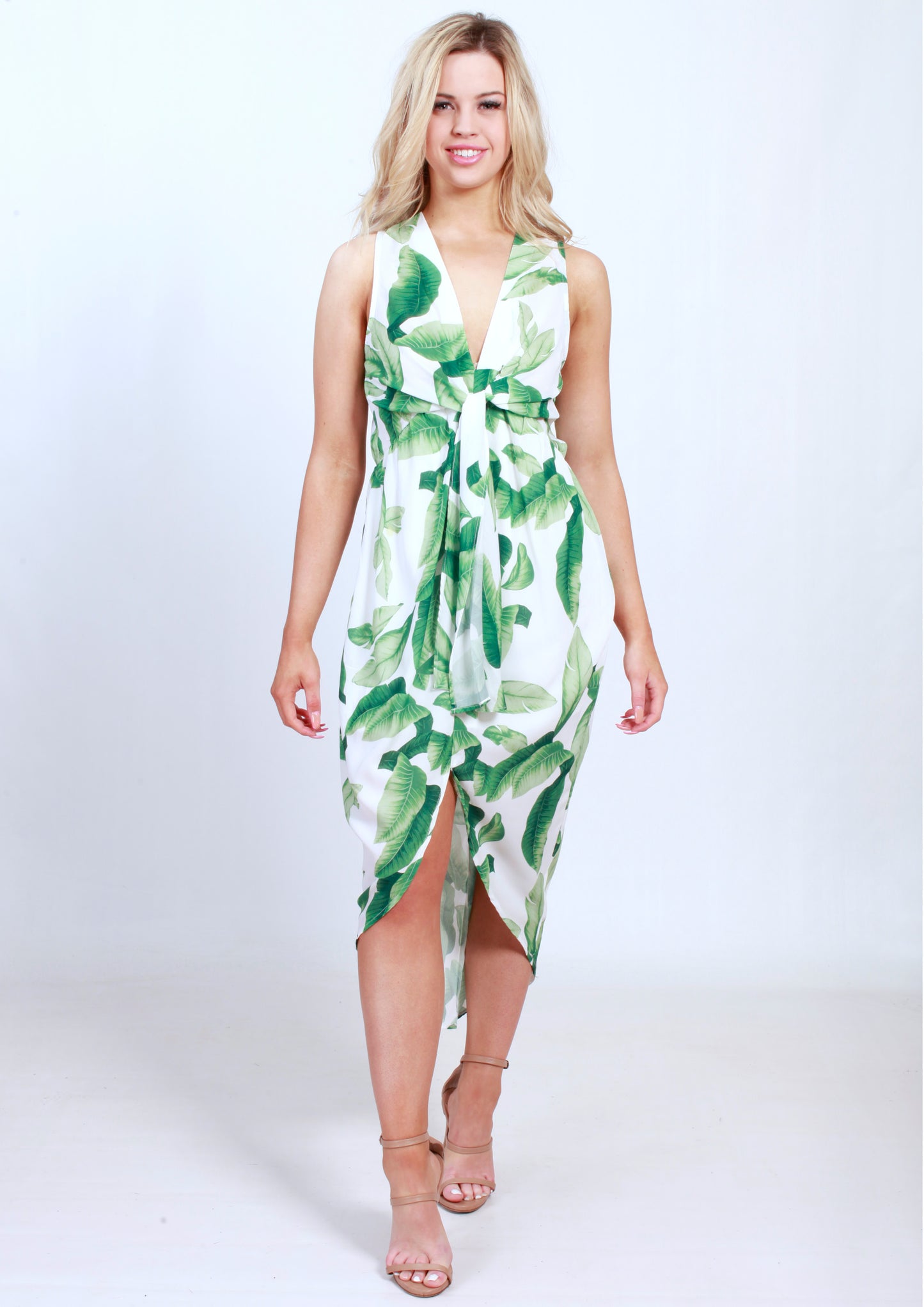 VY00213-1SS Tie Front Leaf Printed Dress (Pack)