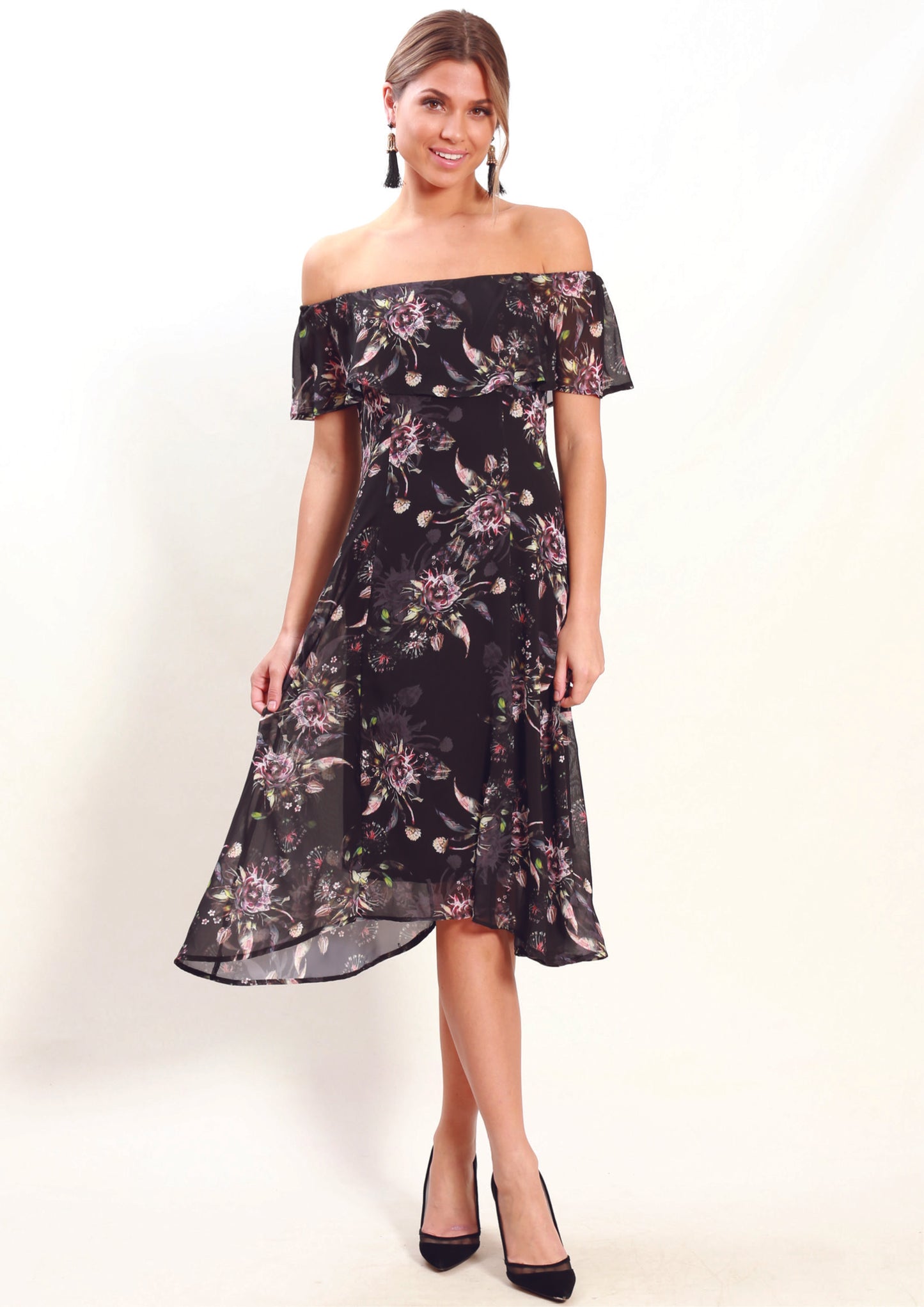WA0229-2TB Ruffle Overlay Floral Off Shoulder Dress (Pack)