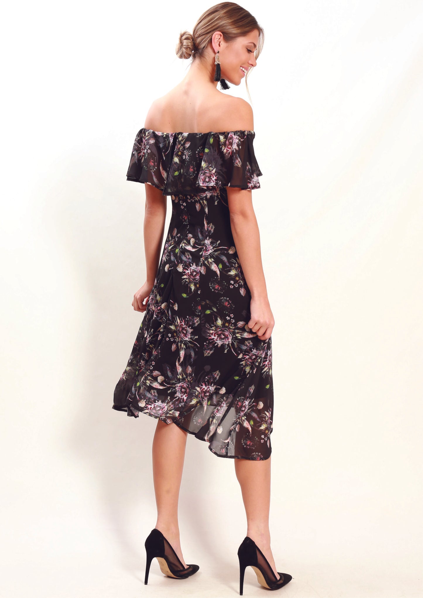 WA0229-2TB Ruffle Overlay Floral Off Shoulder Dress (Pack)