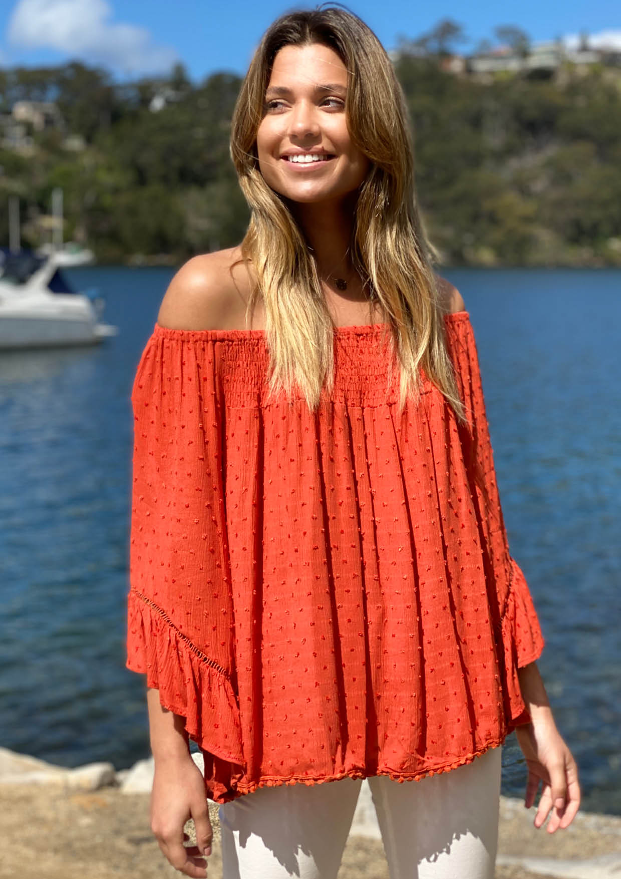 LA0481-1SS Rust Off Shoulder Top (Pack)