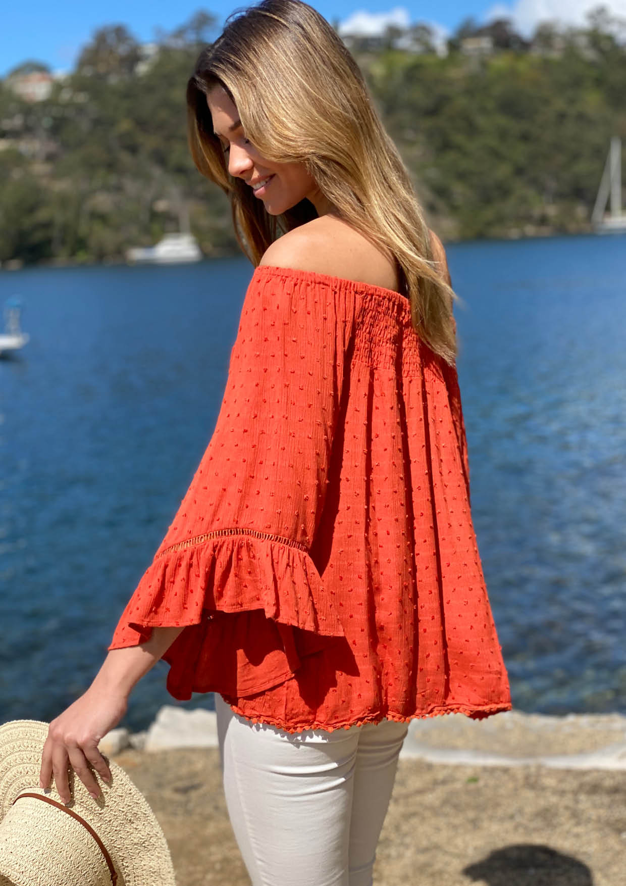 LA0481-1SS Rust Off Shoulder Top (Pack)