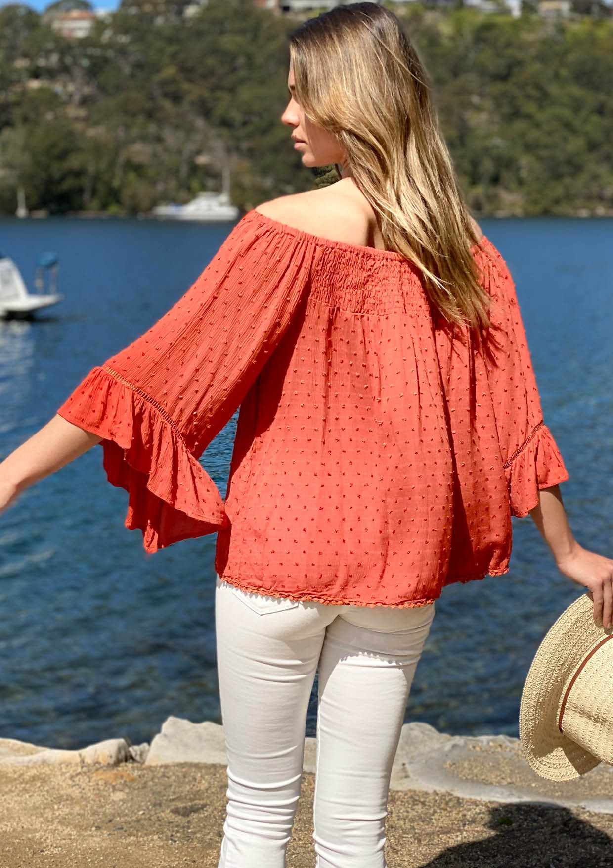 LA0481-1SS Rust Off Shoulder Top (Pack)
