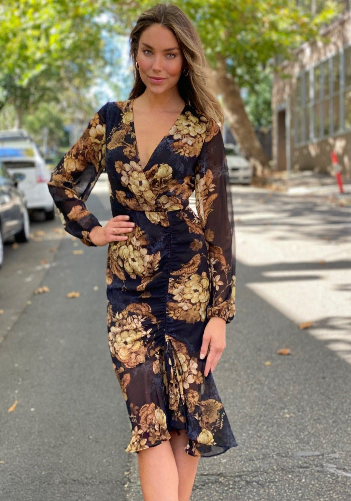 XW20245-4SS Floral Ruched Midi Dress Pack