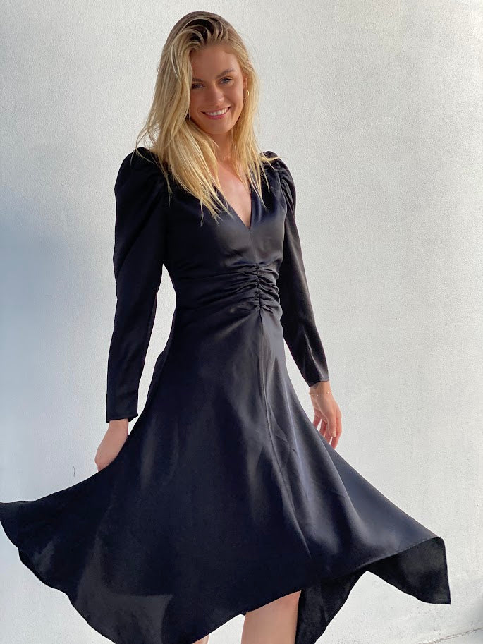 XW20625SS Satin Ruched Front Dress
