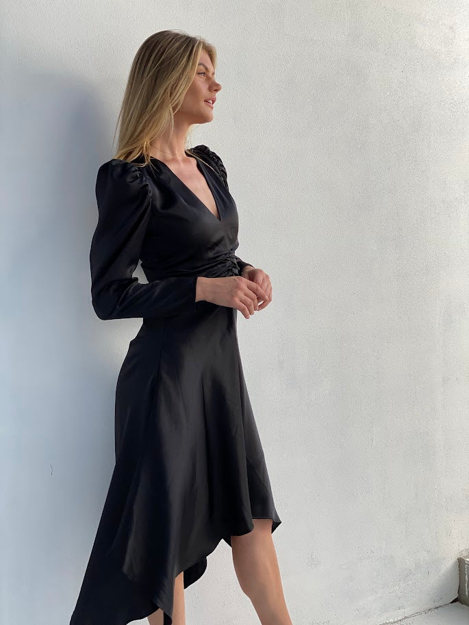 XW20625SS Satin Ruched Front Dress