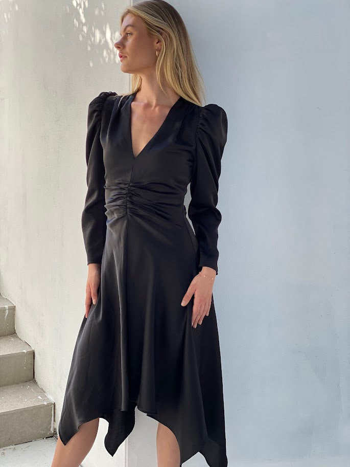 XW20625SS Satin Ruched Front Dress