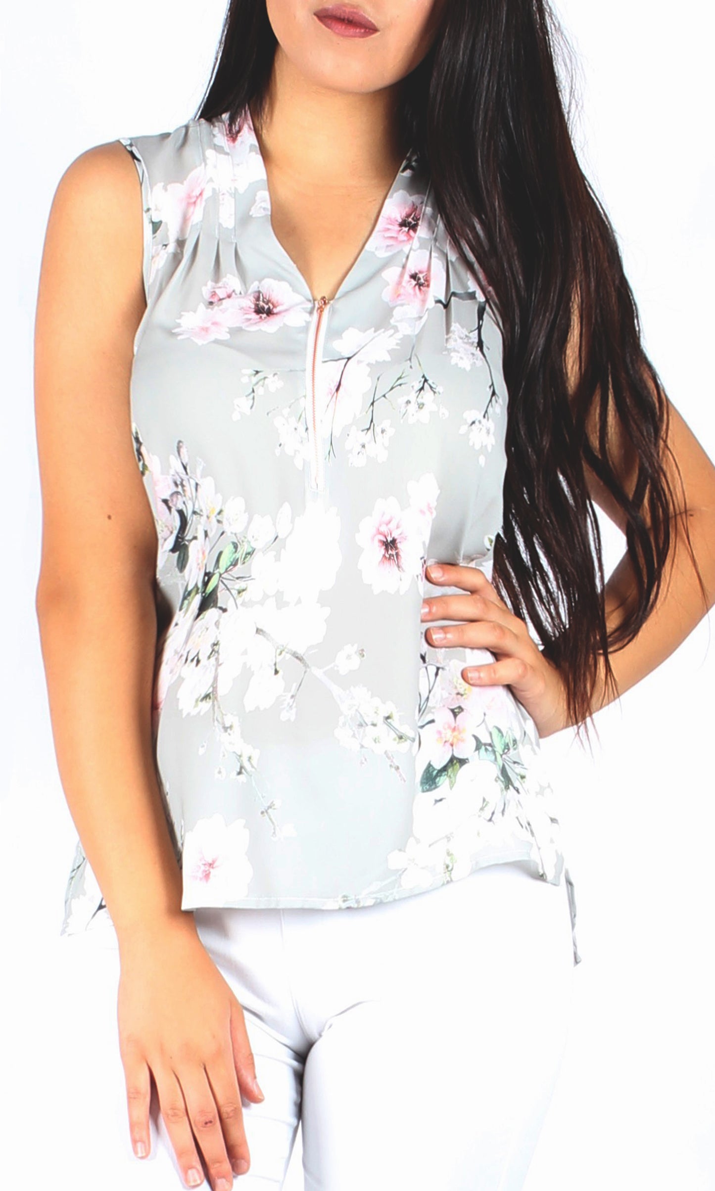 YW1740SS Front Zipper Sakura Floral Print Top (Pack)