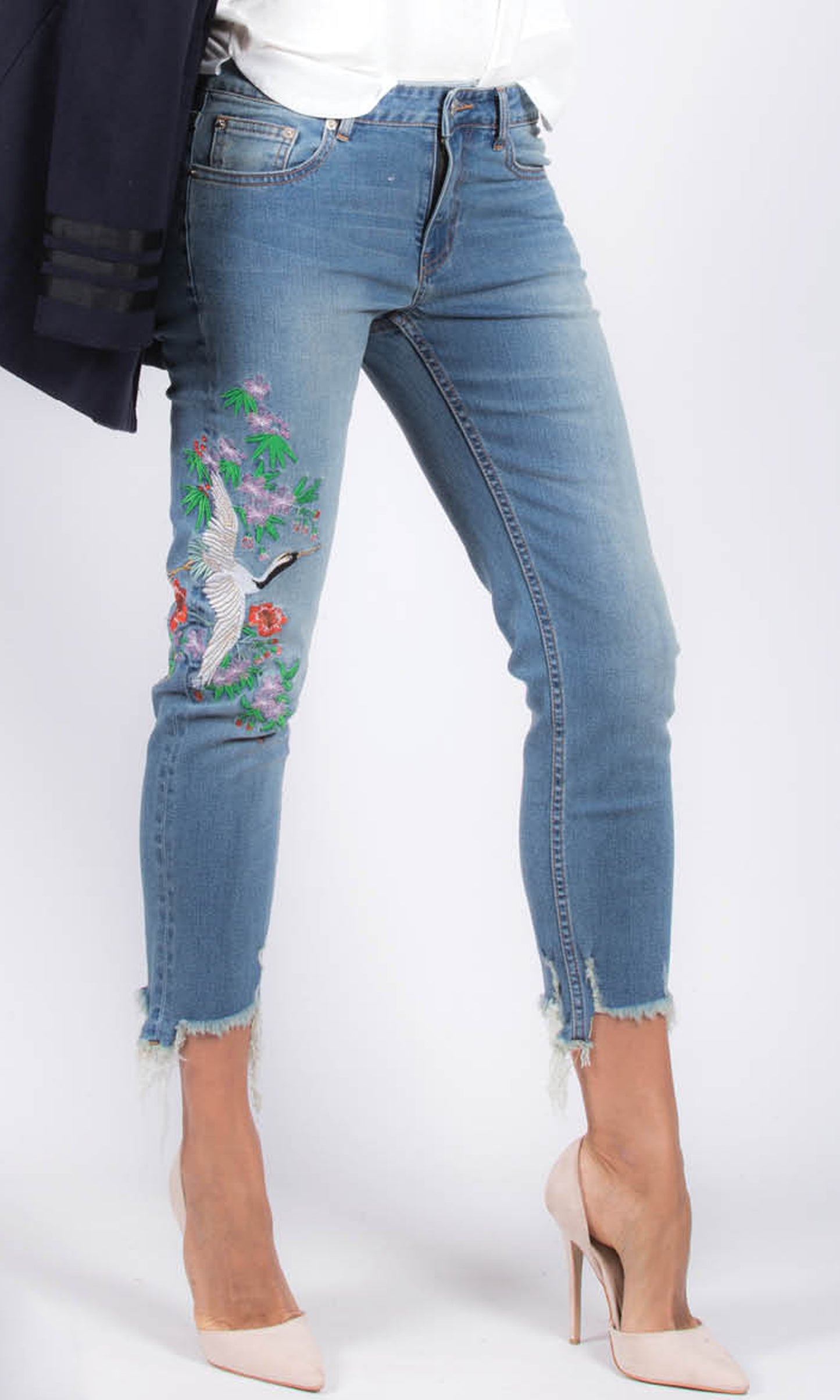Crane Embroidered Floral Denim Jeans