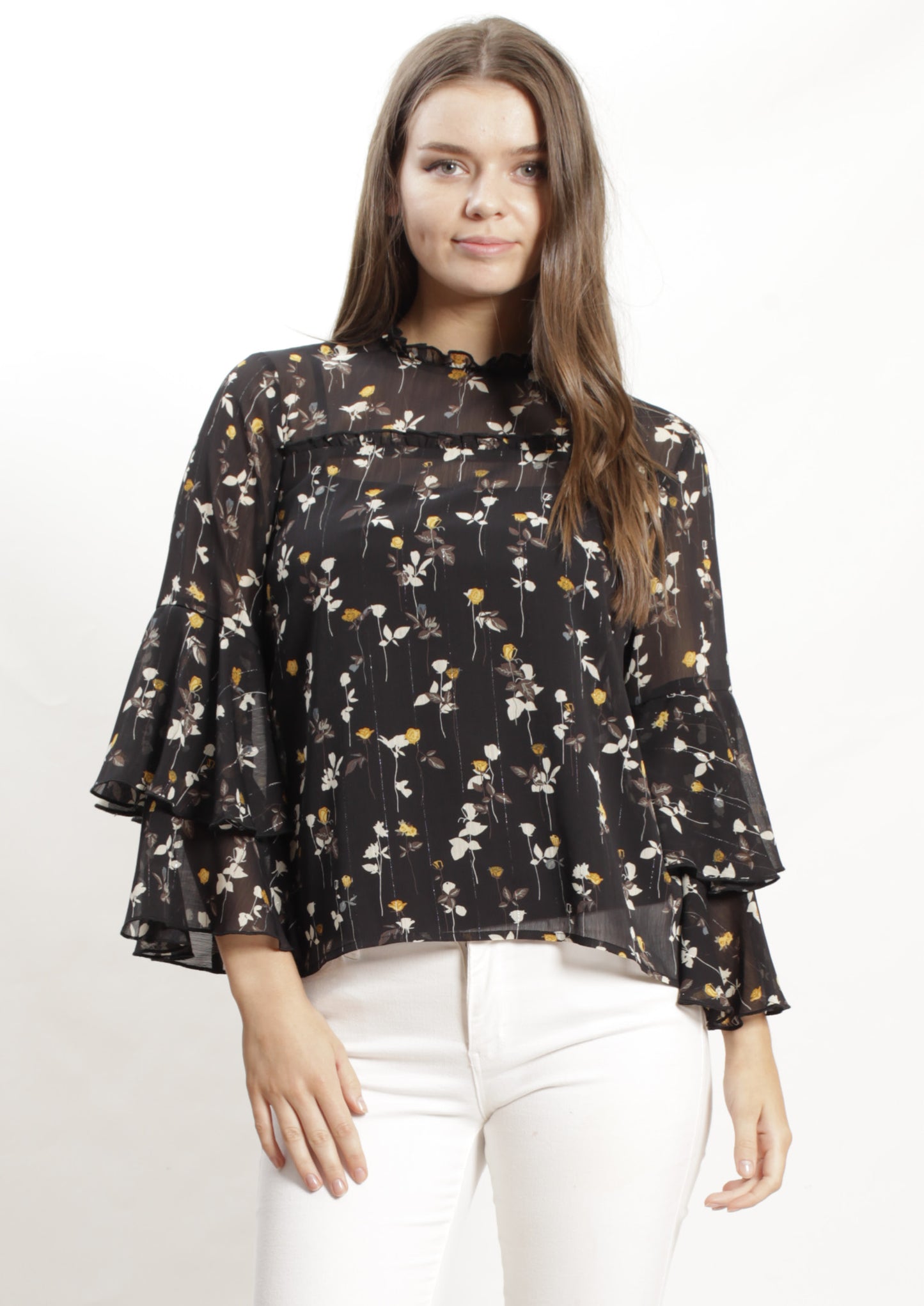 YW17084-1SS Floral Chiffon Top With Ruffle Sleeve (Pack)