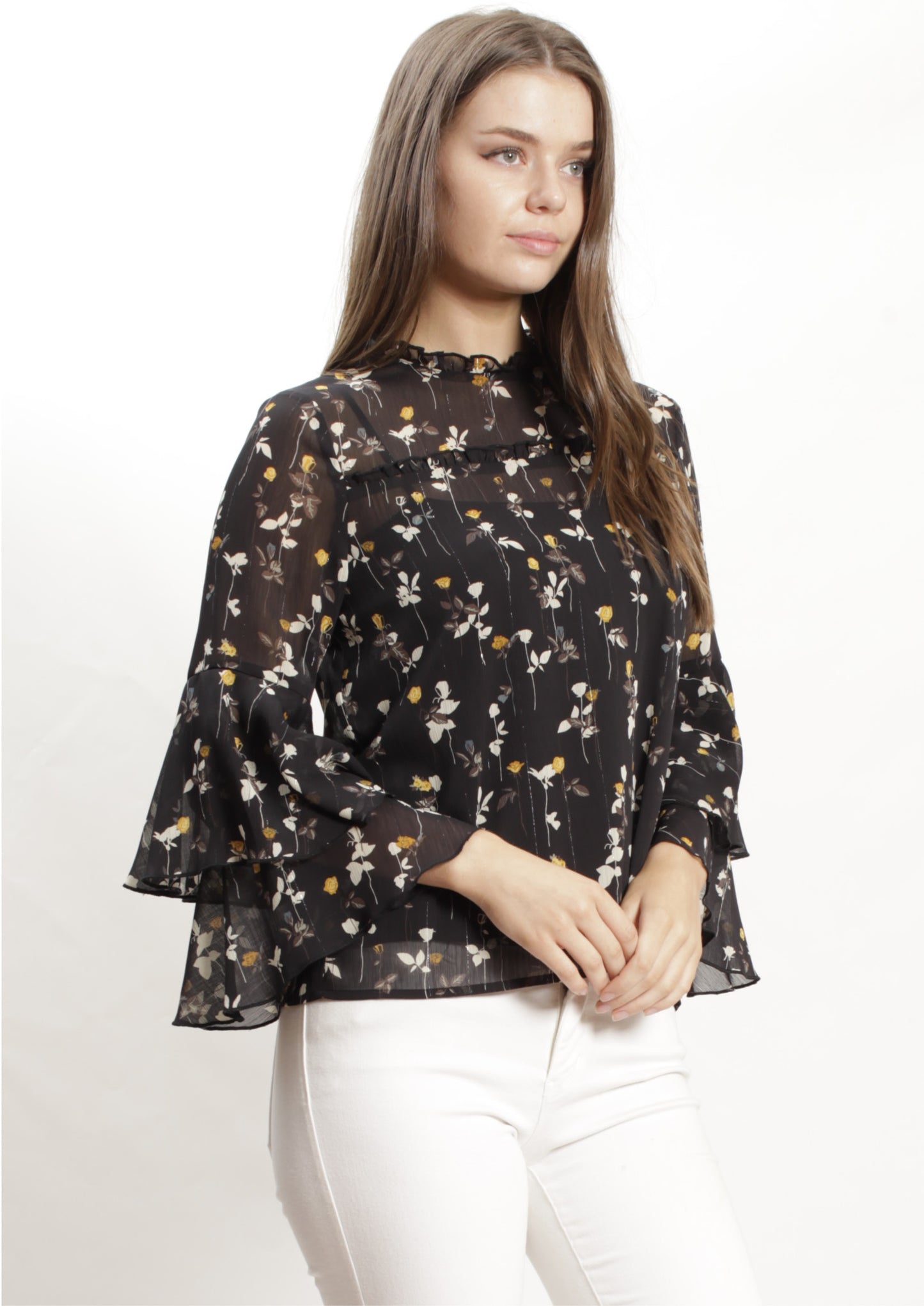 YW17084-1SS Floral Chiffon Top With Ruffle Sleeve (Pack)