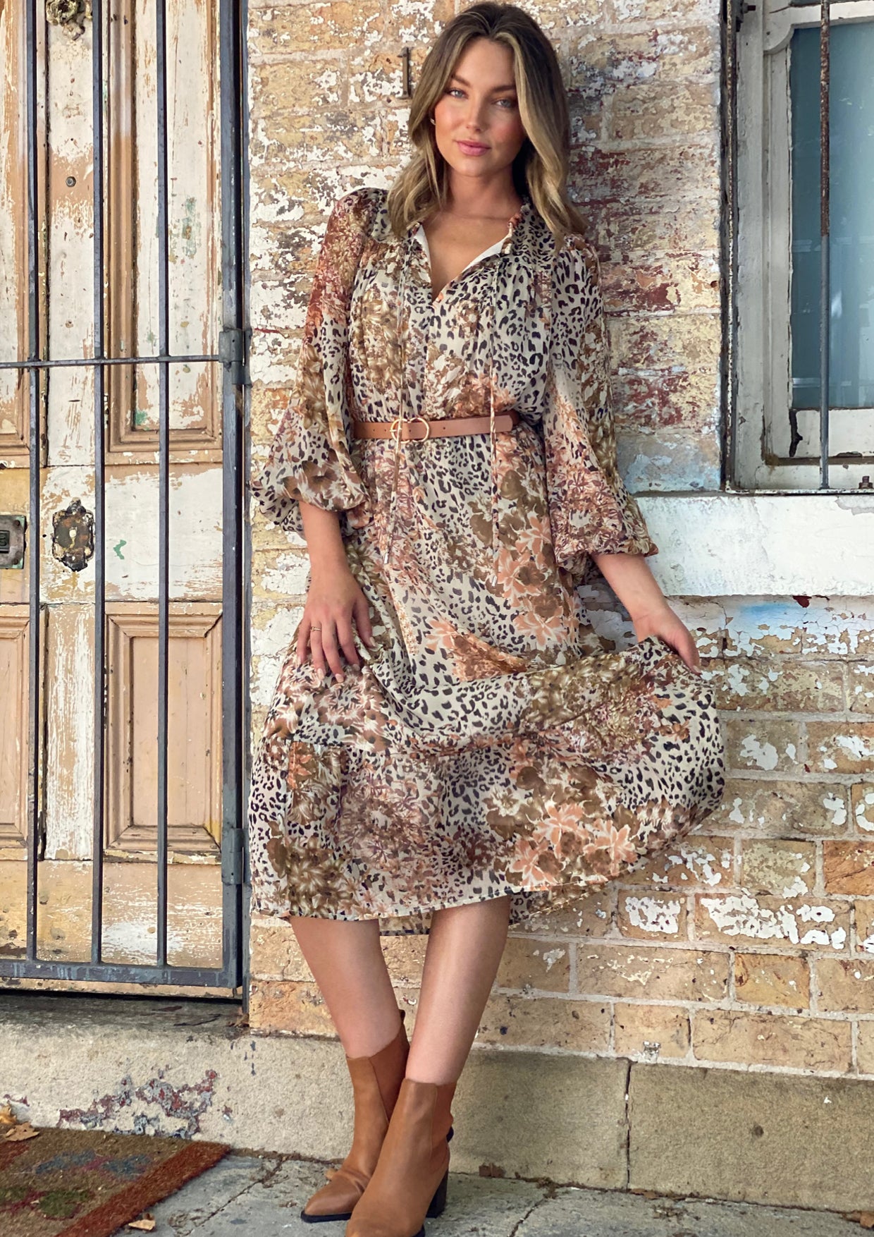 LA0611SS Leopard Floral Print Midi Dress (Pack)