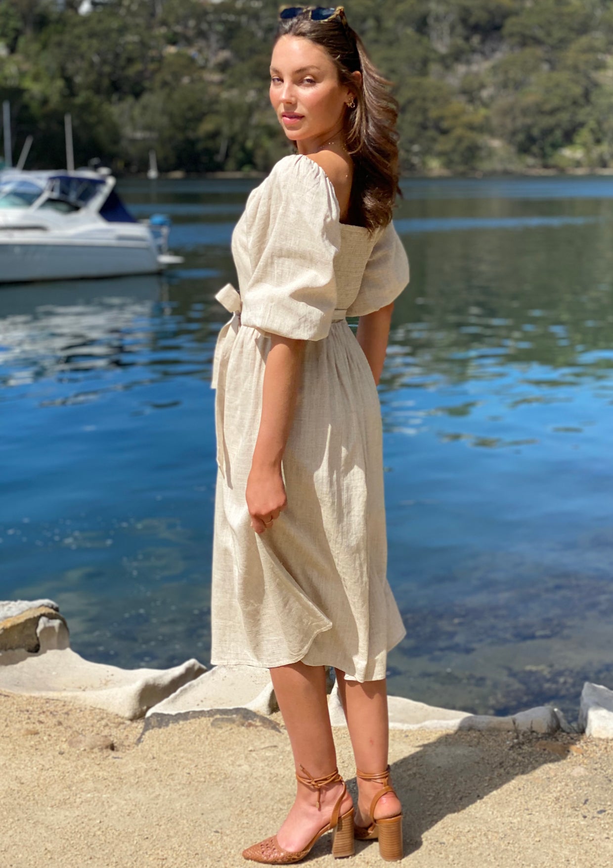 LA0715SS Linen Puff Shoulder Midi Dress (Pack)