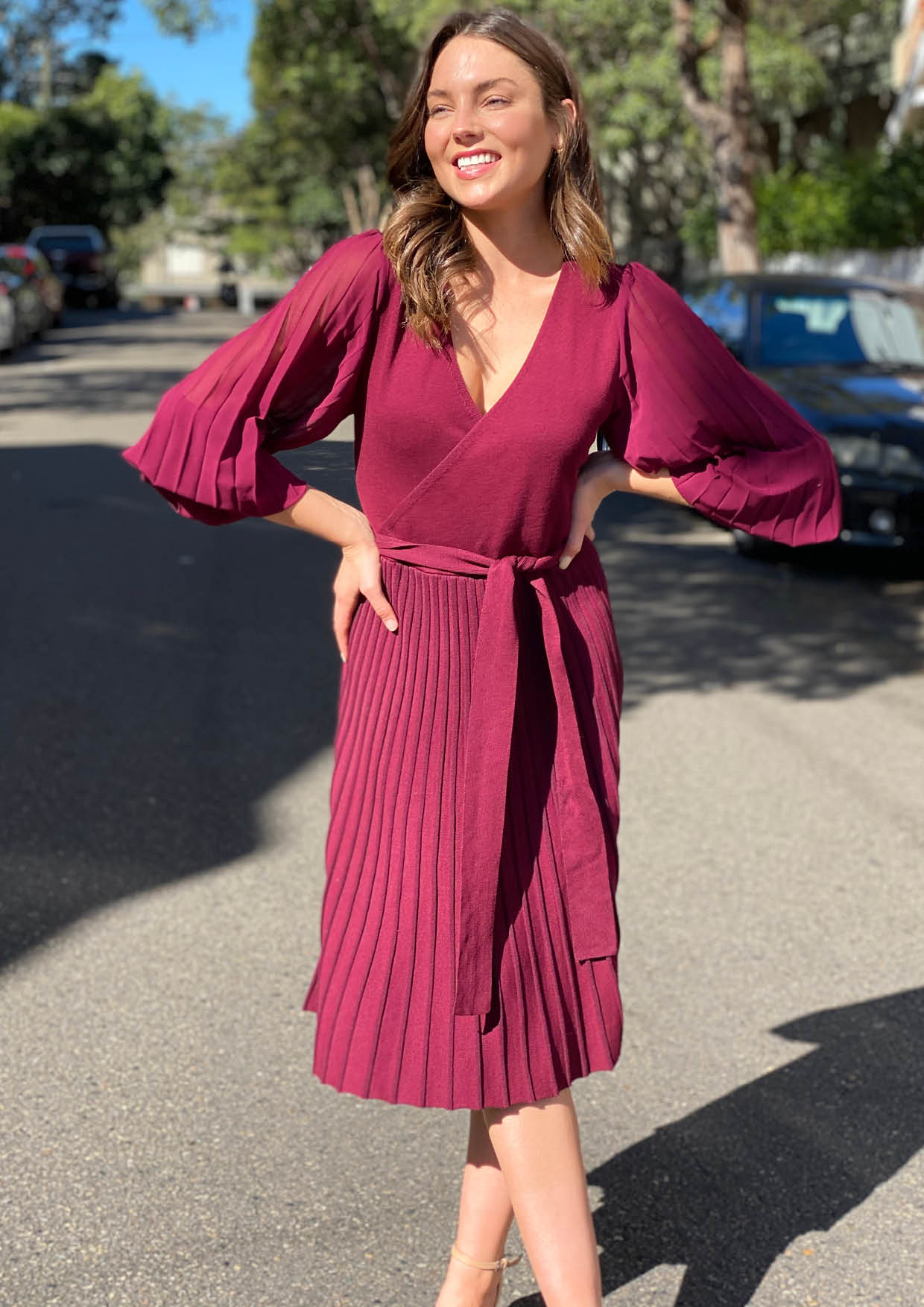 LA0545SS Knit Dress With Chiffon Sleeve - More Colours Available