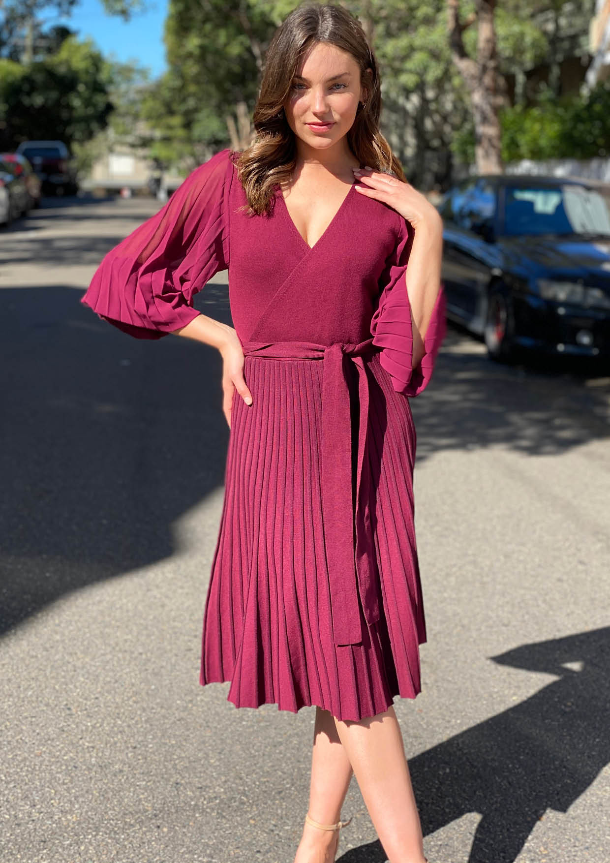 LA0545SS Knit Dress With Chiffon Sleeve - More Colours Available