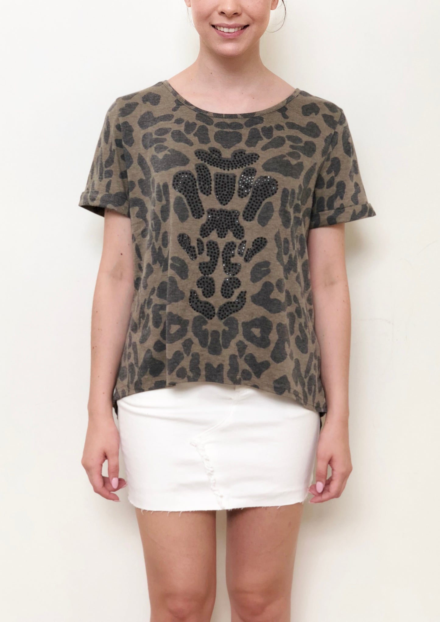 MC0073SS Khaki Leopard Embellished Top (Pack)