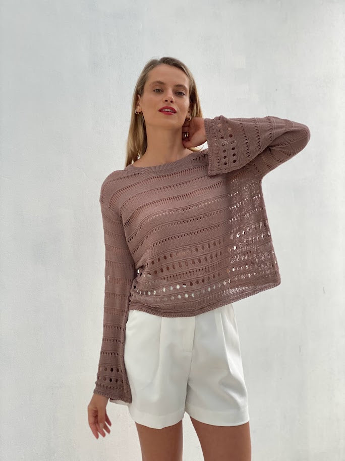 EZ83033SS Crochet Long Sleeve Top