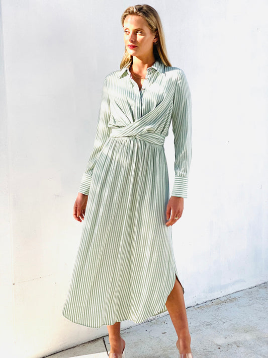 LA0160-2SS Striped Wrap Front Midi Dress