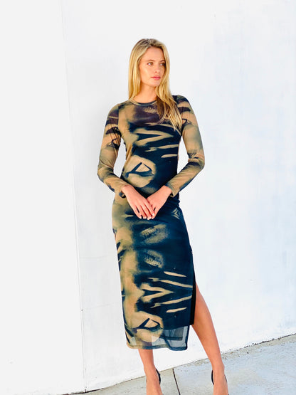 LA1470-5SS Mesh Overlay Tie Dye Print Long Sleeve Dress