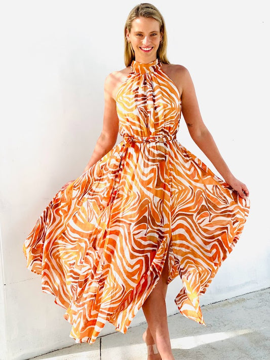LA0386-8SS Orange Zebra Print Halterneck Dress