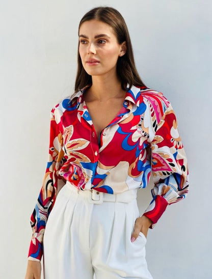 LA1133-35SS Vibrant Floral Print Satin Shirt