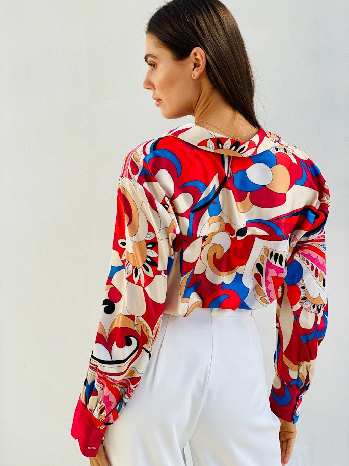 LA1133-35SS Vibrant Floral Print Satin Shirt