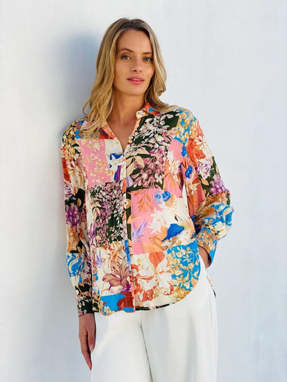 LA1133-40SS Floral Patchwork Button Up Blouse