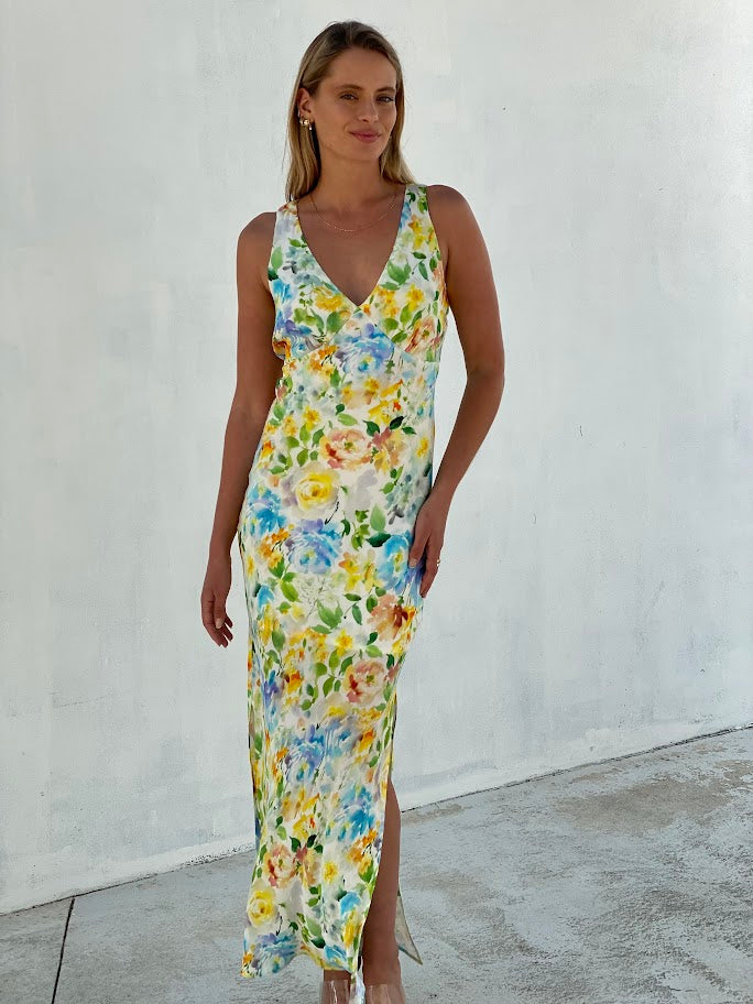 LA1302-2SS Floral Side Split Maxi Dress