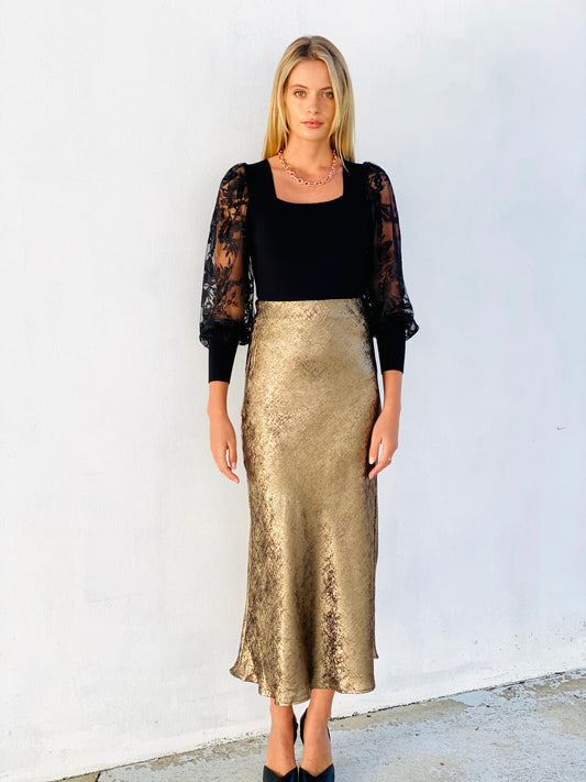 LA1415-5SS Gold Satin A-Line Maxi Skirt