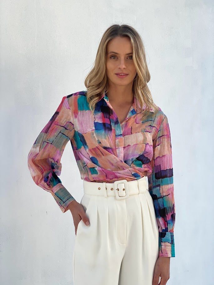 LA1436-1SS Multi Coloured Front Knot Top