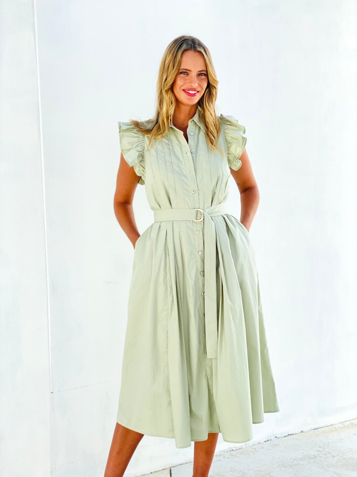 LA1468SS Ruffle Sleeve Button Up Midi Dress - More Colours Available