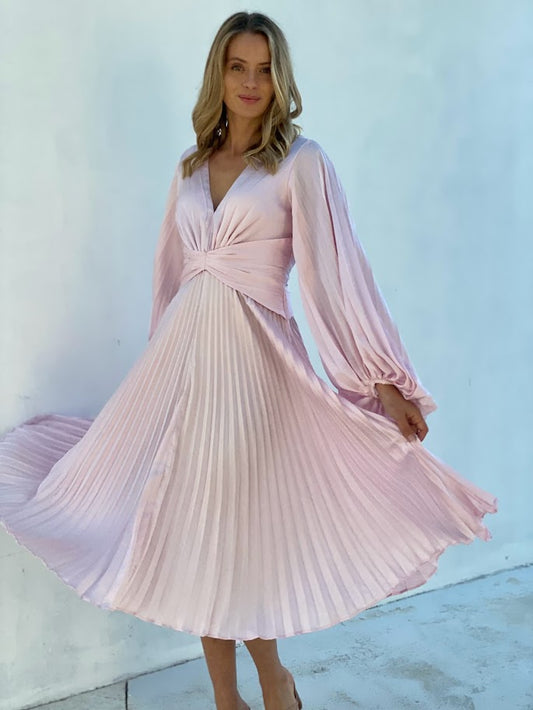 XW20629SS Pleated Satin Balloon Sleeve Dress