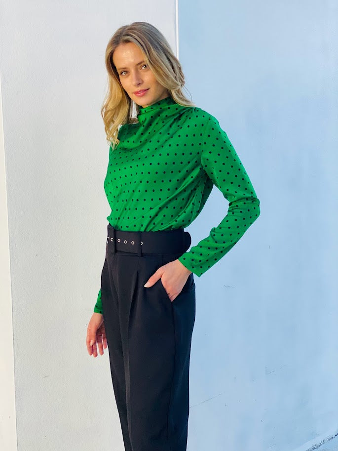 Green and black polka dot blouse on sale