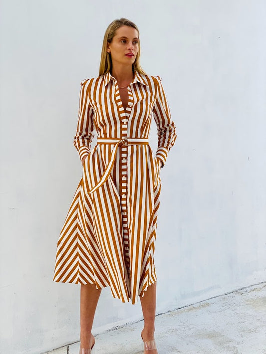 XW20663SS Striped Button Up Midi Dress