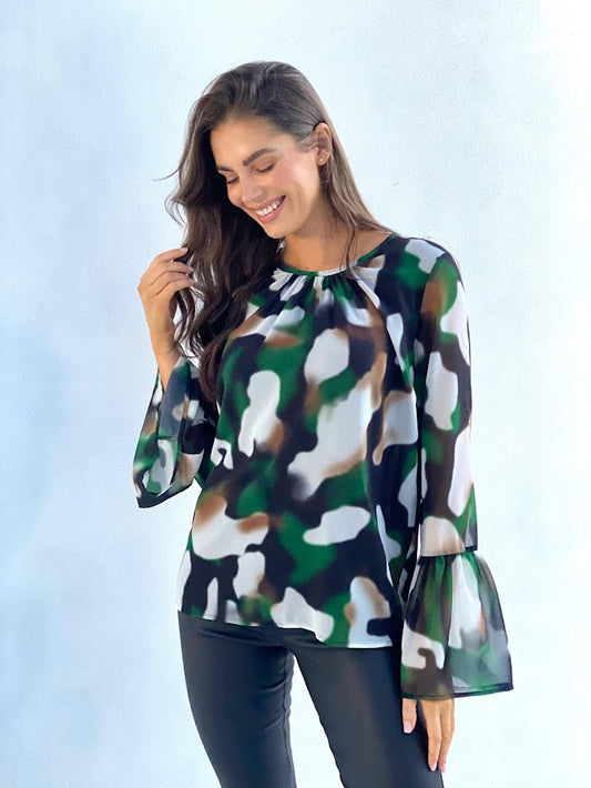 XW20664SS Abstract Flare Sleeve Blouse