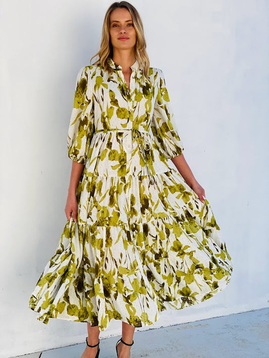 XW20695SS Textured Leaf Print Tiered Dress