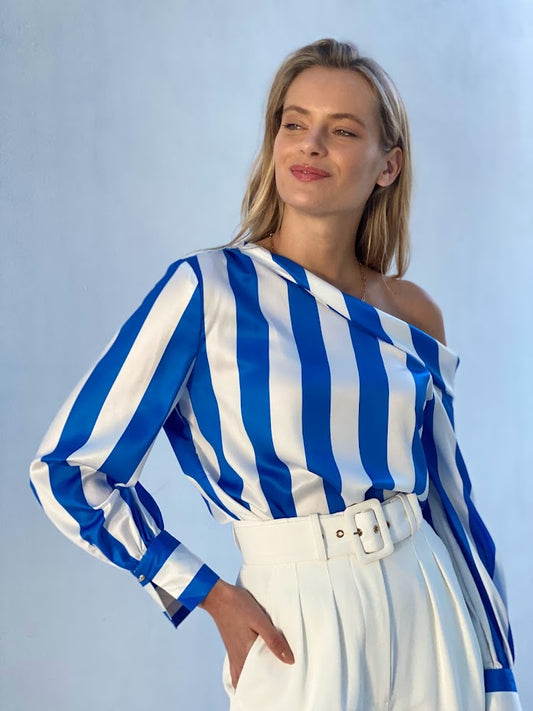 XW20706-1SS Striped One-Shoulder Satin Top