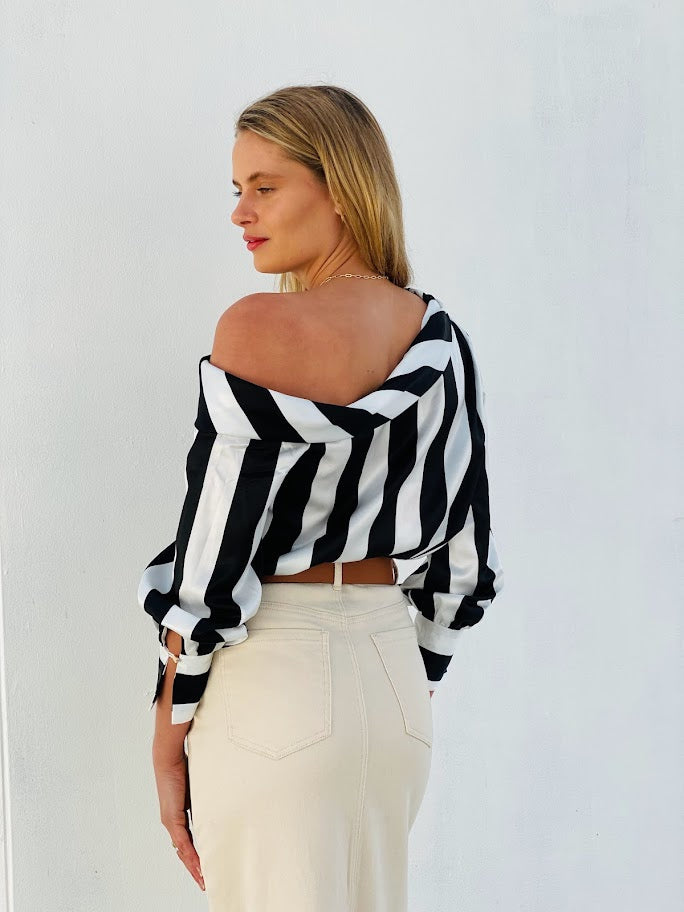 XW20706-1SS Striped One-Shoulder Satin Top - ON SALE