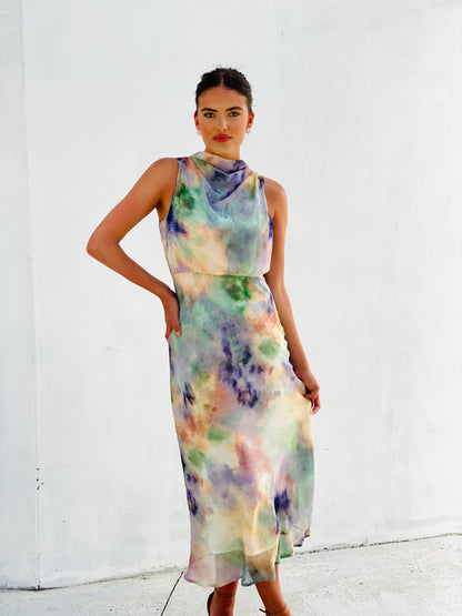 XW20713-8SS Sleeveless Watercolour Draped Midi Dress