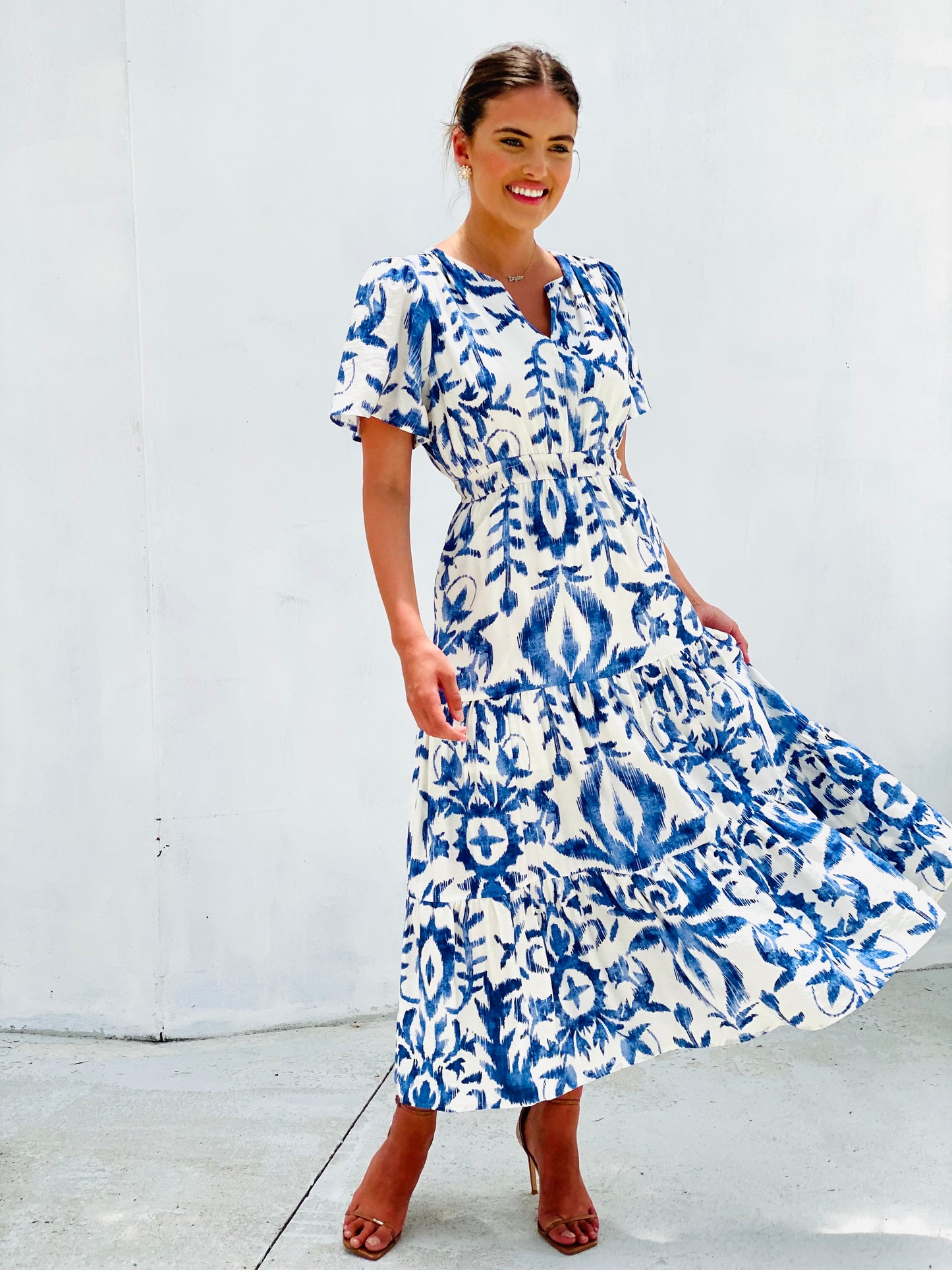 XW20724-2SS Leaf Print Midi Dress - More Colours Available