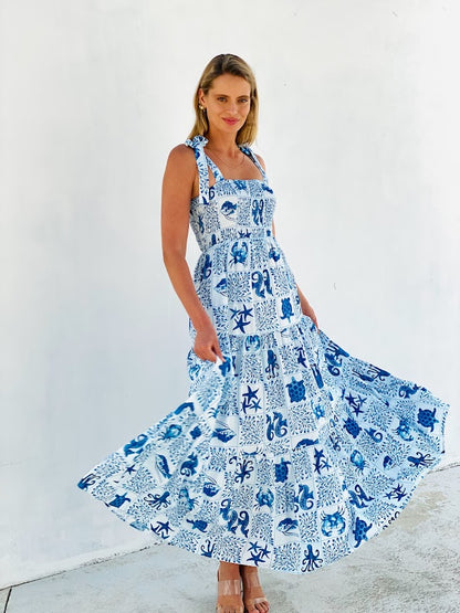 XW20772SS Ocean Print Bow Strapped Dress