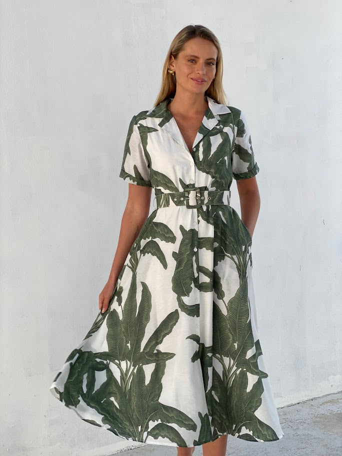 XW20781SS Leaf Print Shirt Dress