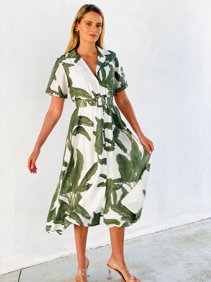 XW20781SS Leaf Print Shirt Dress