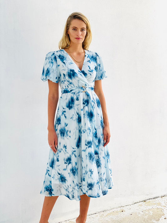 XW20846-1SS Puff Sleeve Dress with Floral Tie Dye Print