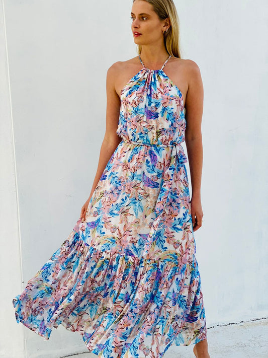 XW20586-1SS Floral Halter Neck Maxi Dress