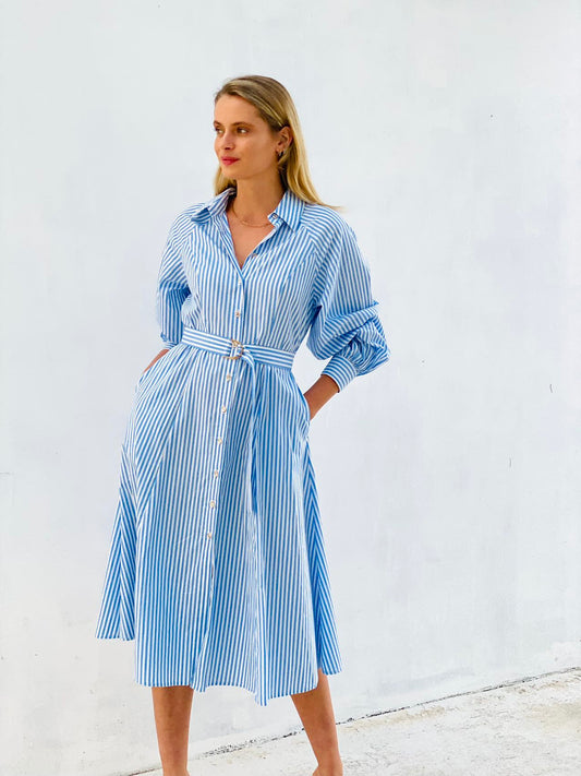 XW20717SS Striped Midi Shirt Dress