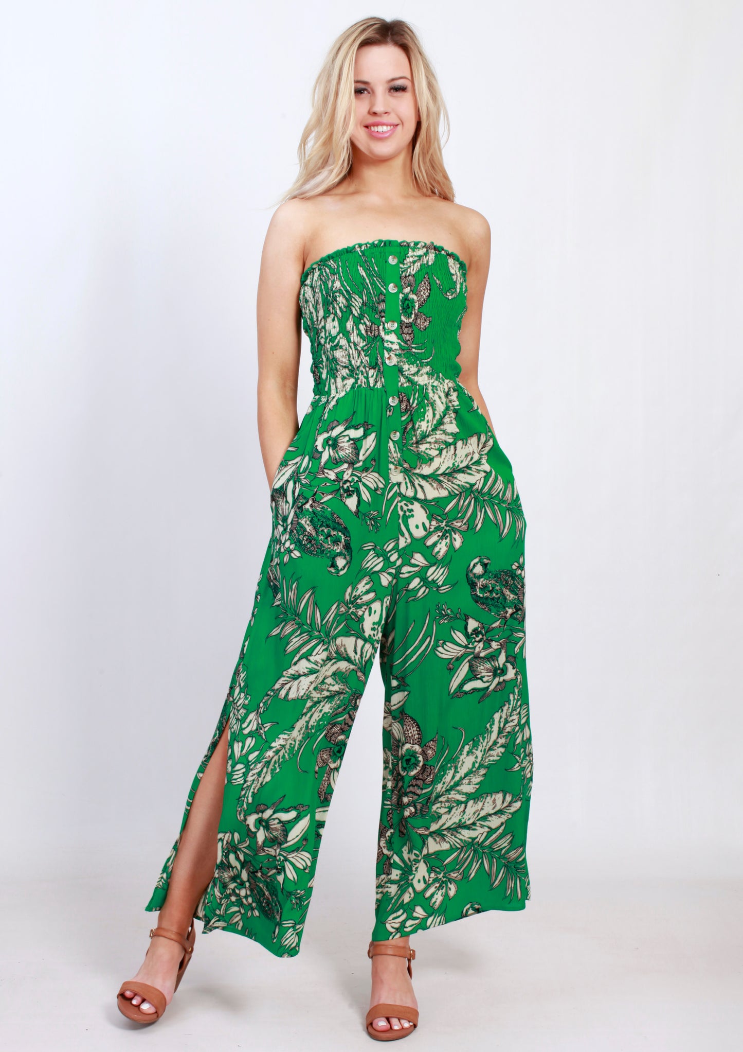 VY0436SS Green Leaf Printed Strapless Jumpsuit (Pack)