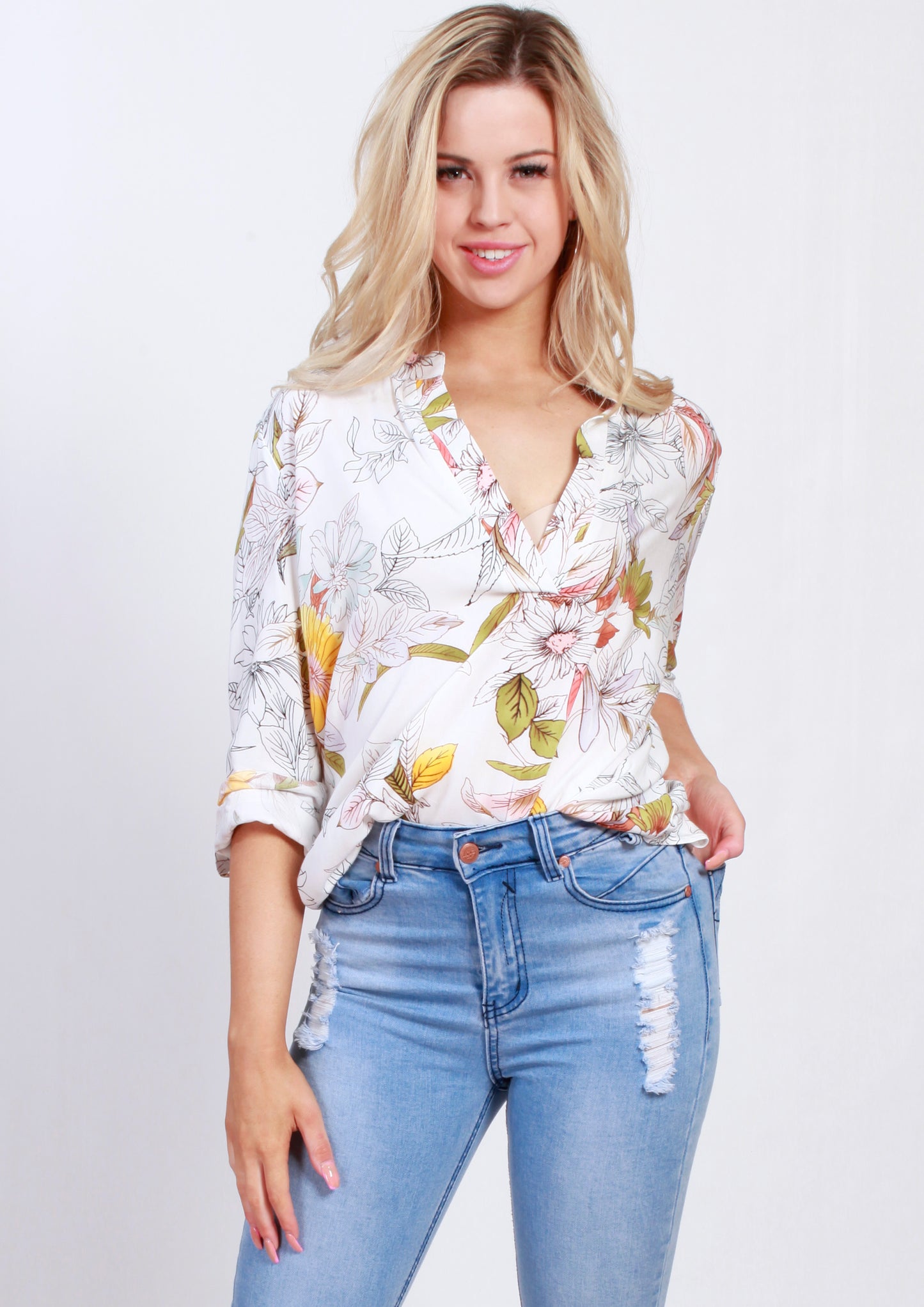 HS13021-164SS White Floral Printed Johnny Collar Blouse (Pack)