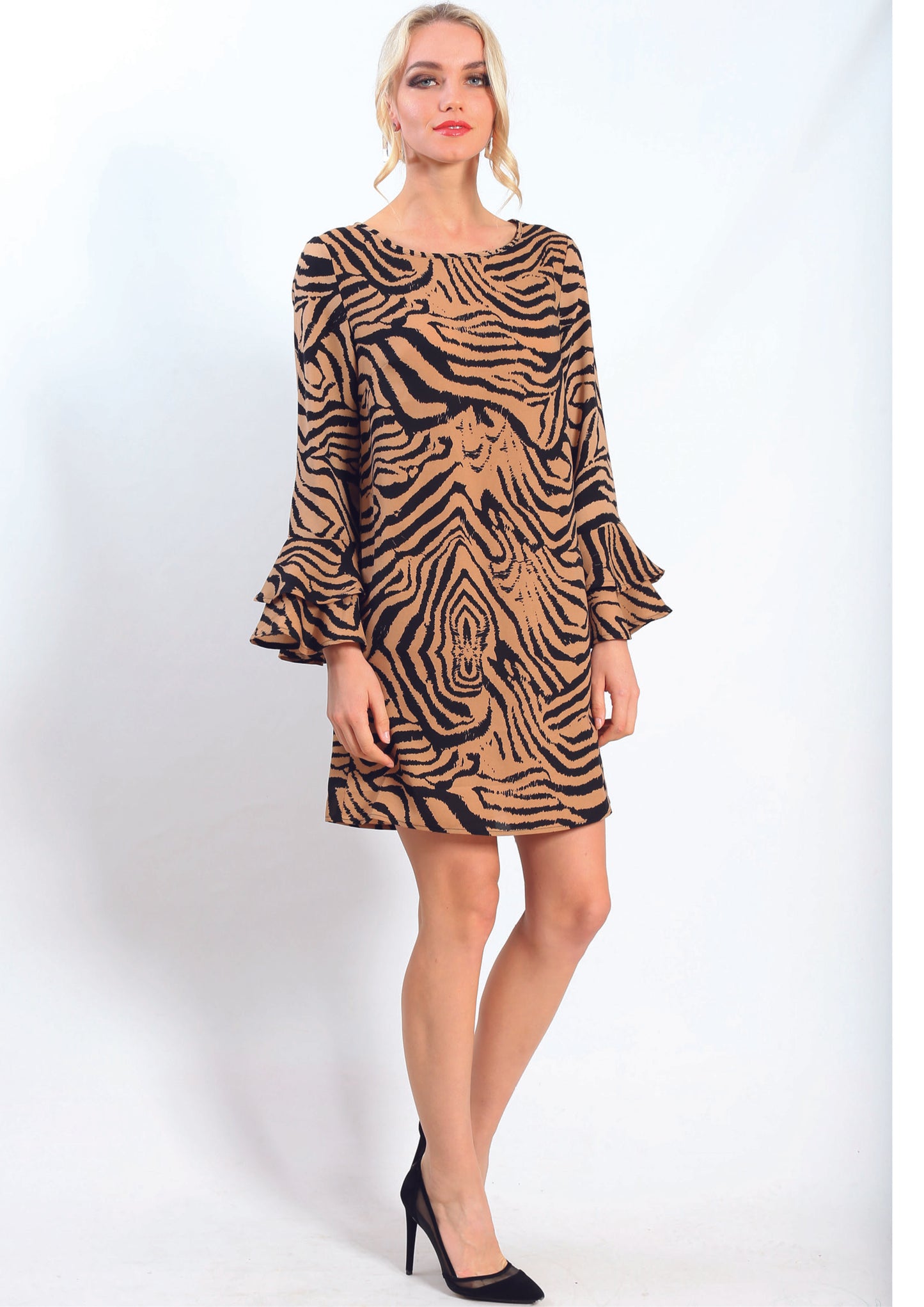 AY241NC Animal Print Dress With Ruffle Sleeve  (Pack)