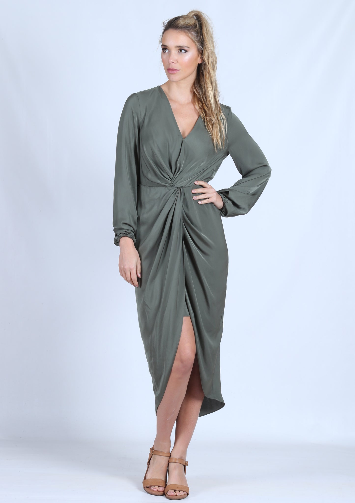 YW2211SS Long Sleeve Knot Front Draped Dress (Pack)